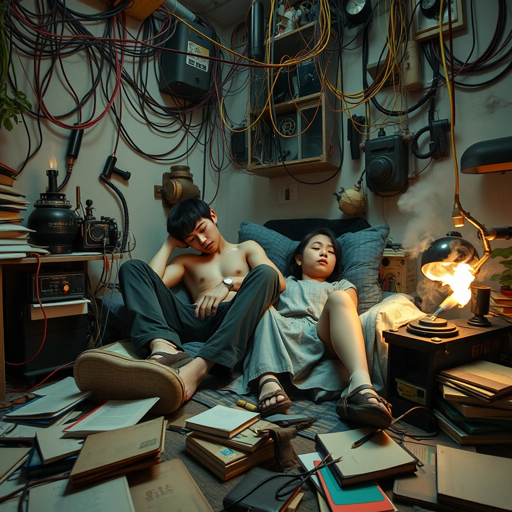 A real-life photograph, wide shot, of a handsome teen guy with a good physique and a Japanese teen girl sleeping in the corner of a room. The room has some books scattered messily, and many wires of varying thicknesses are on the floor and in the air, including red, blue, yellow, and other colors. Additionally, there are some machines emitting steam and fire. The lighting is dim, and there are some plants.