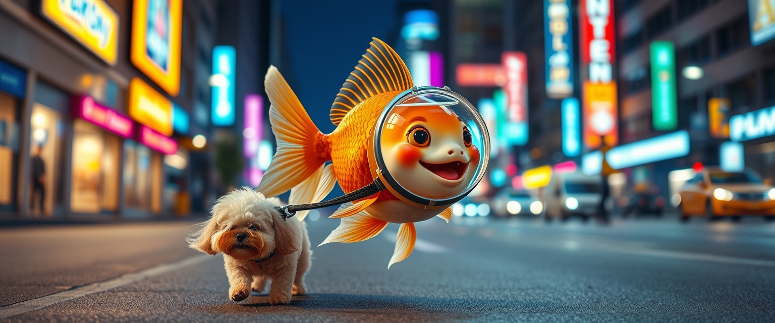 A cute, happy goldfish wearing a fish bowl as a breathing mask (half filled with water) is walking a cute dog on a leash in the streets at night, surrounded by colorful city lights, happily laughing, mouth open, cute face, walking on fins (no legs), with a fluffy dog in front, in a silly walk, ultra realistic, realism. - Image