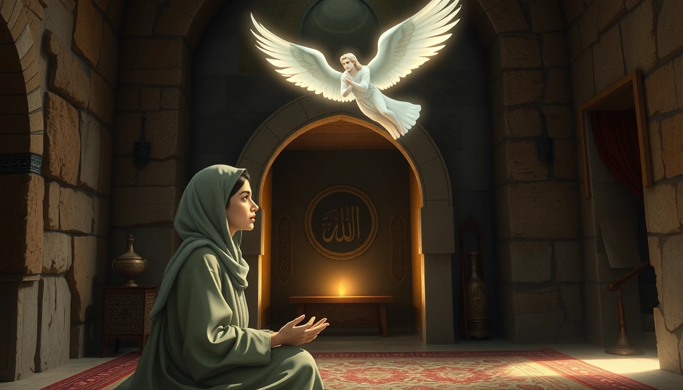 A peaceful scene inside a sacred temple. Maryam, a young woman with a serene expression, dressed in a simple robe, is praying in a small, dimly lit mihrab. Suddenly, an angel, Jibril, appears before her, radiating a gentle light. Jibril, in the form of a handsome man, speaks to her, while Maryam, initially startled, listens intently. The background is adorned with ancient stone walls, and the atmosphere is filled with a sense of divine presence and reverence.