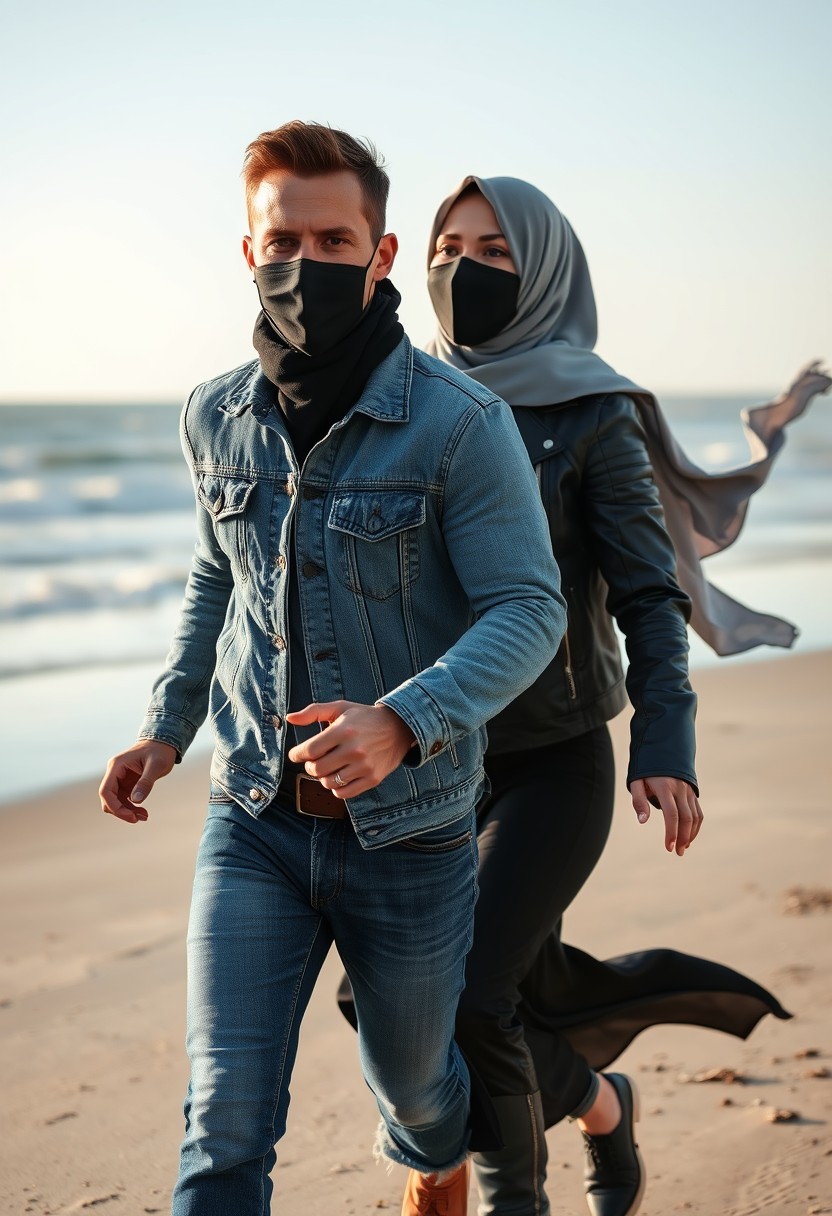 Jamie Dornan's head and body shot, handsome, black face mask, denim jacket, jeans, dating, love couple, with the biggest grey hijab Muslim girl, black face mask, beautiful eyes, black leather jacket, biggest skirt, running happily together at the beach, hyper-realistic, street photography.