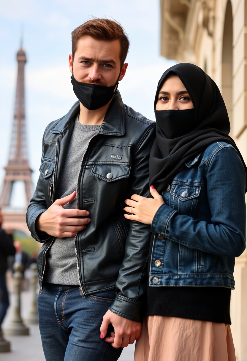 Jamie Dornan, handsome, black face mask, black leather jacket, jeans, dating, love couple with the biggest hijab Muslim girl, beautiful eyes, black face mask, jeans jacket, biggest skirt, wedding rings, Eiffel Tower, realistic, street photography.