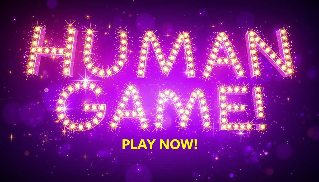 Human Game!!! PLAY NOW!!!!! Magic words on purple background, many glitters, warm lighting. - Image