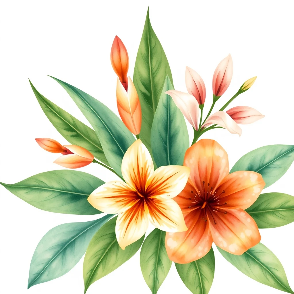 A simple watercolor Indonesian tropical floral clipart, ripcurl design art in neutral sandy tones, colors, Rick Griffin design art, white background. - Image