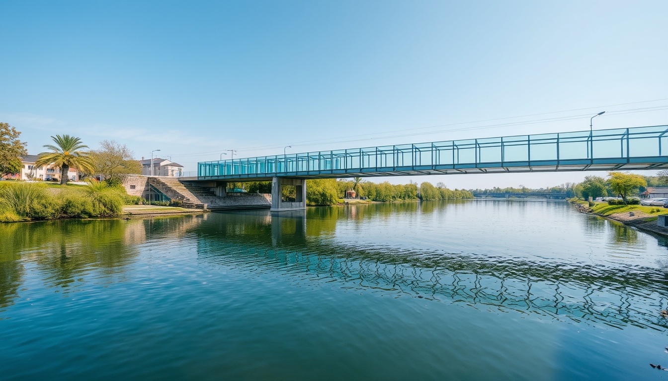 A serene river scene with a glass-bottomed bridge crossing over it. - Image