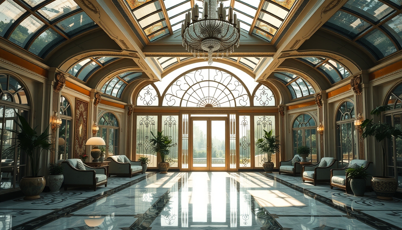 photo, retrofuturism, dream photography, clean energy-powered society, stunning art deco design, interior, 1990s, Paris style, ornamental, mid-century modern home, large conservatory, luxurious interior, geometry, opulent - Image