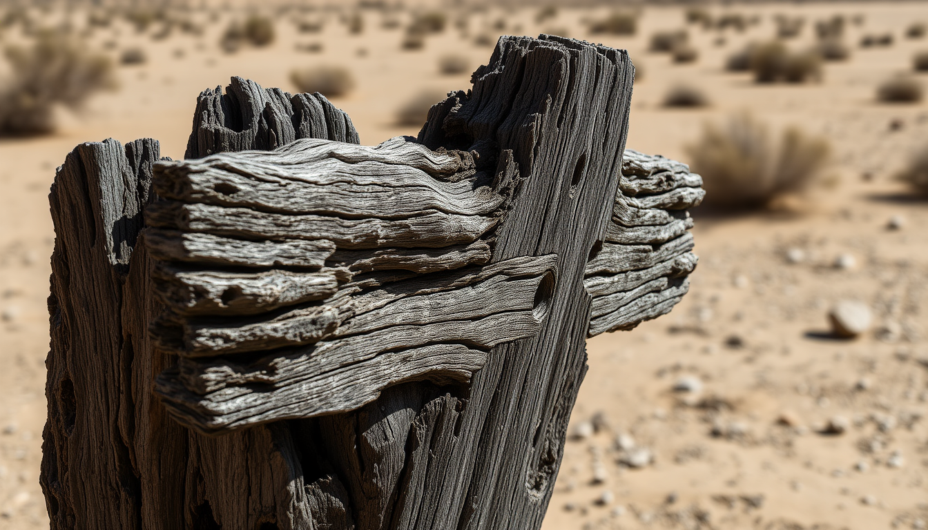 An old dilapidated wooden cross is standing in a barren desert landscape. The wood appears to be old and weathered, with a rough texture and deep grooves. The surface of the wood is rough and uneven, with some areas of the bark appearing darker and more jagged. There are several small holes scattered throughout the wood, some of which are larger than others. The overall feel is depressing and desolate.