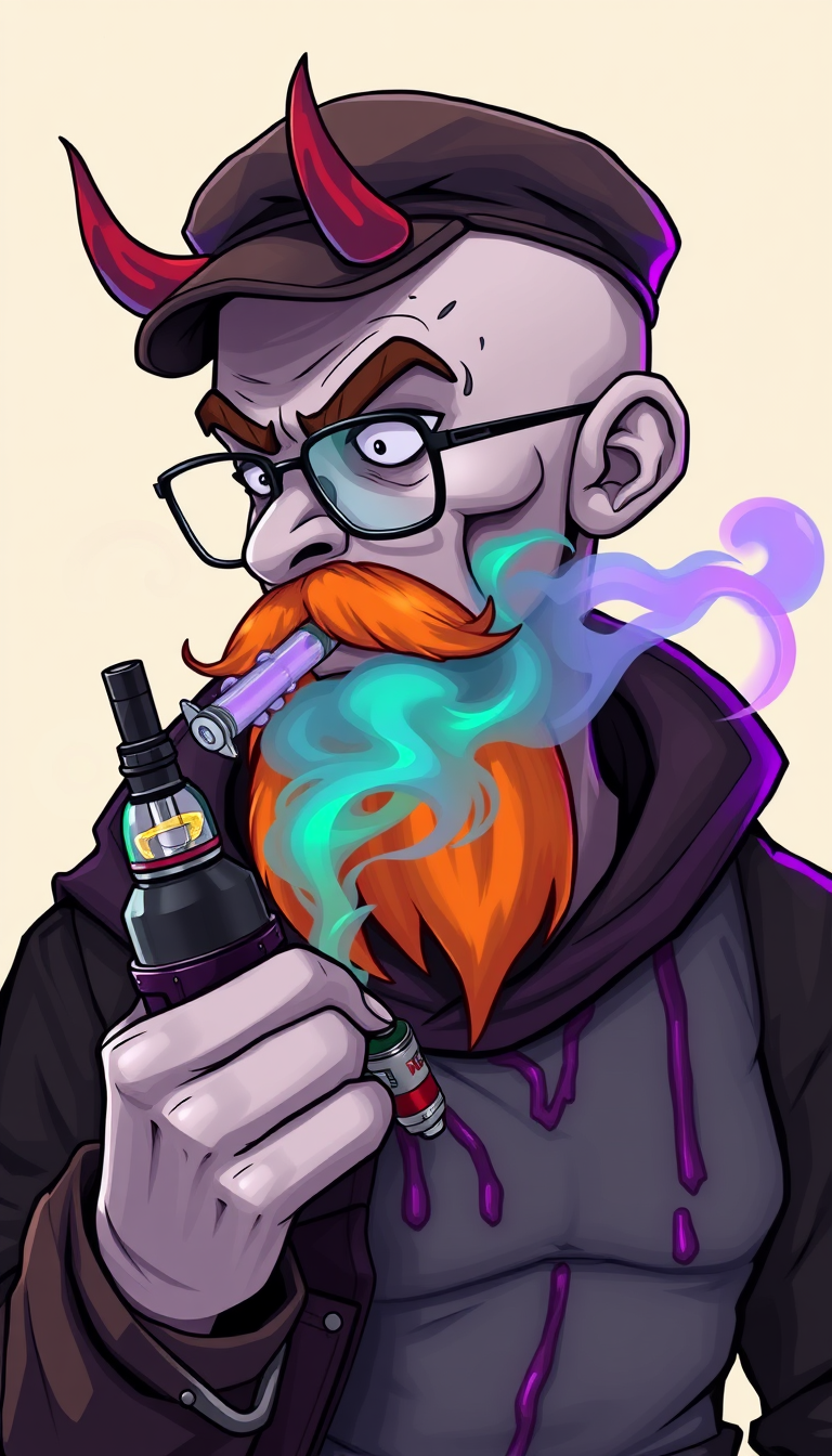 Three-quarter view of a sinister, bald cartoon human male with necromancer lich features. Demonic horns, short fiery ginger beard contrasts with dark eyebrows. Wears a weathered flat cap and aviator glasses. Clutches a sleek vape mod, exhaling dense, swirling vapor clouds. Vibrant e-liquid drips off his pale skin, creating a colorful aura.