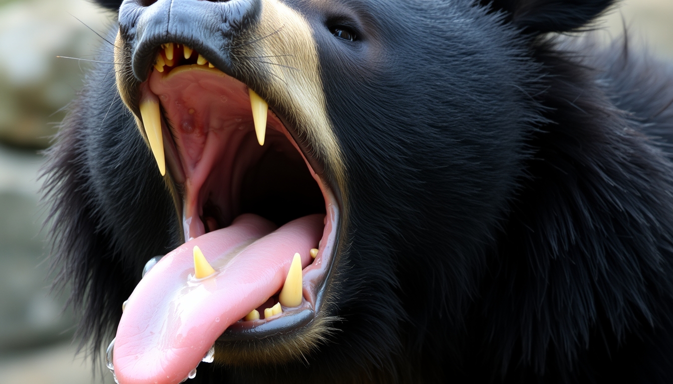 The black bear opens its mouth, which is very large, exposing sharp teeth that are very pointed. Its tongue is covered in saliva, and there is a lot of saliva, wetting its fur. - Image