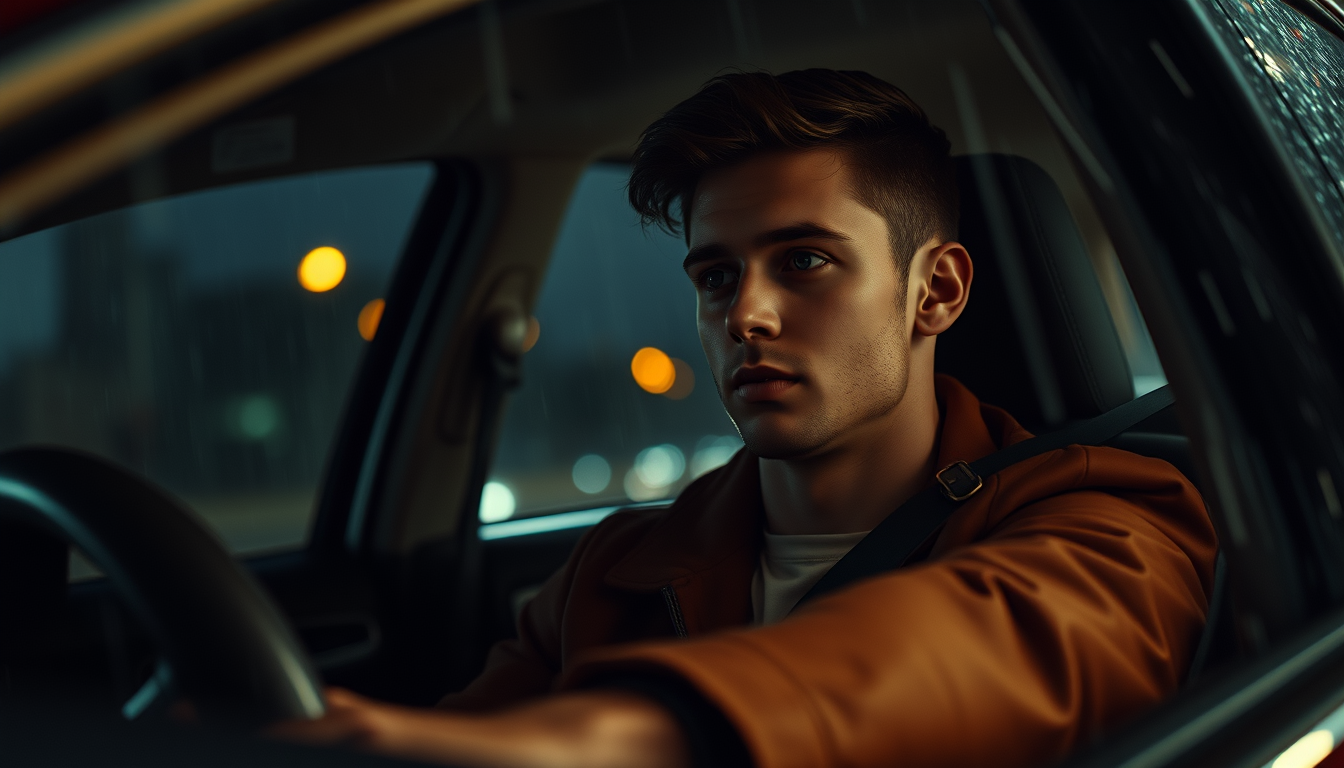 Young handsome man driving a car, midnight, rain, photo, hyperrealism, natural, cinematic effect