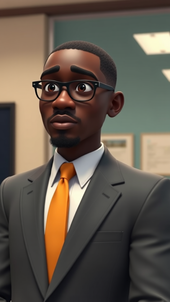 'black man wearing full suit colors And indeed, my father transferred me, even though it meant he had to relocate his job and our home. He did all that for a word that was said to me. office 8k, 3d Pixar style'