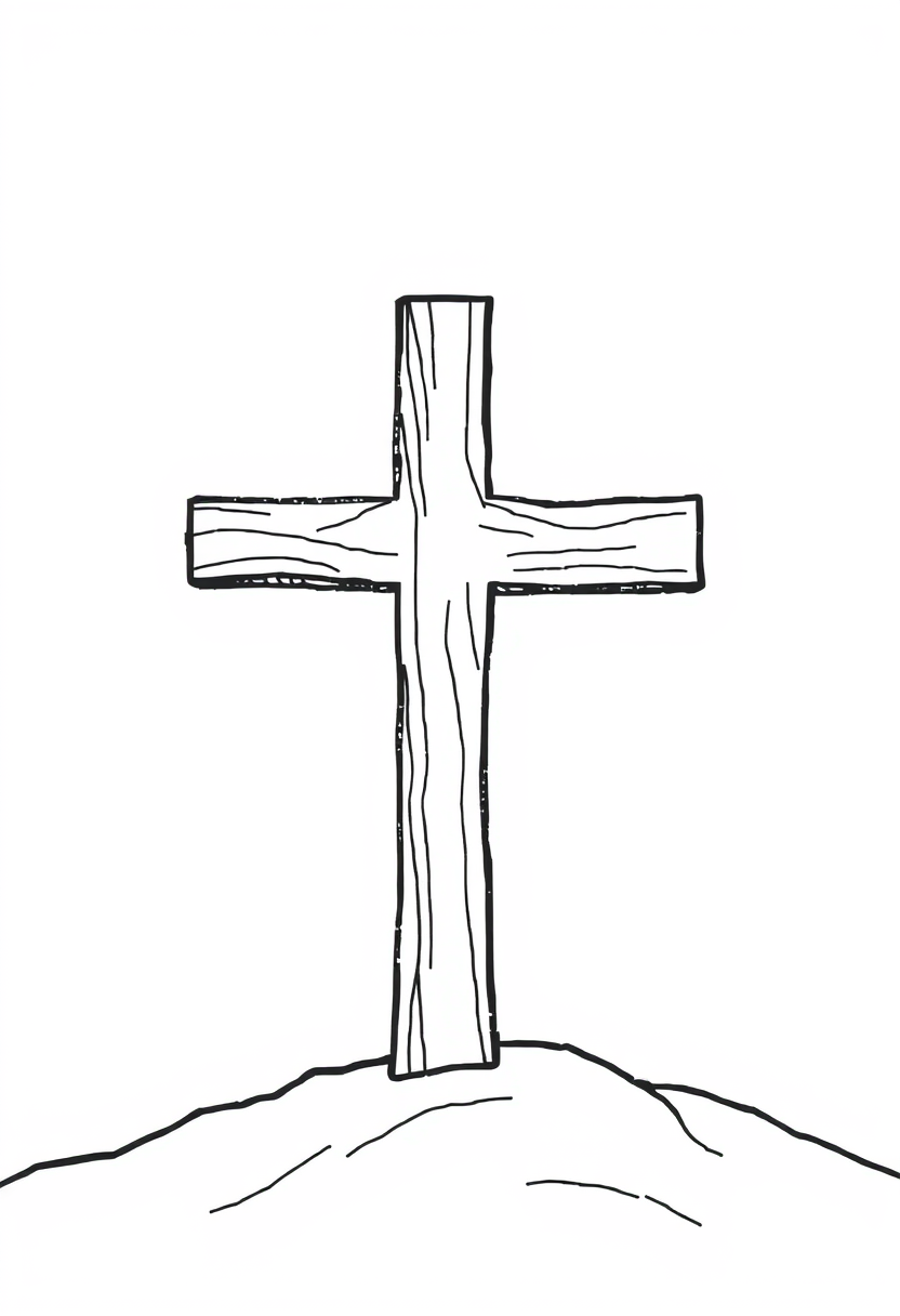 coloring book page. Simple line drawing of the Christian cross: A prominent cross in the center of the page. Add subtle details like wood grain or simple decorative elements around the edges. Could include a hill silhouette to represent Calvary. White background, black and white drawing, sharp black lines. - Image