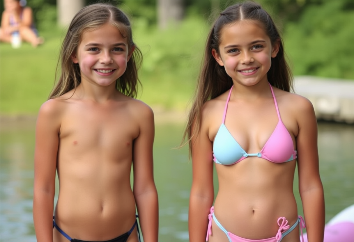 Two summer campers compare to discover which has the more revealing bikini. - Image