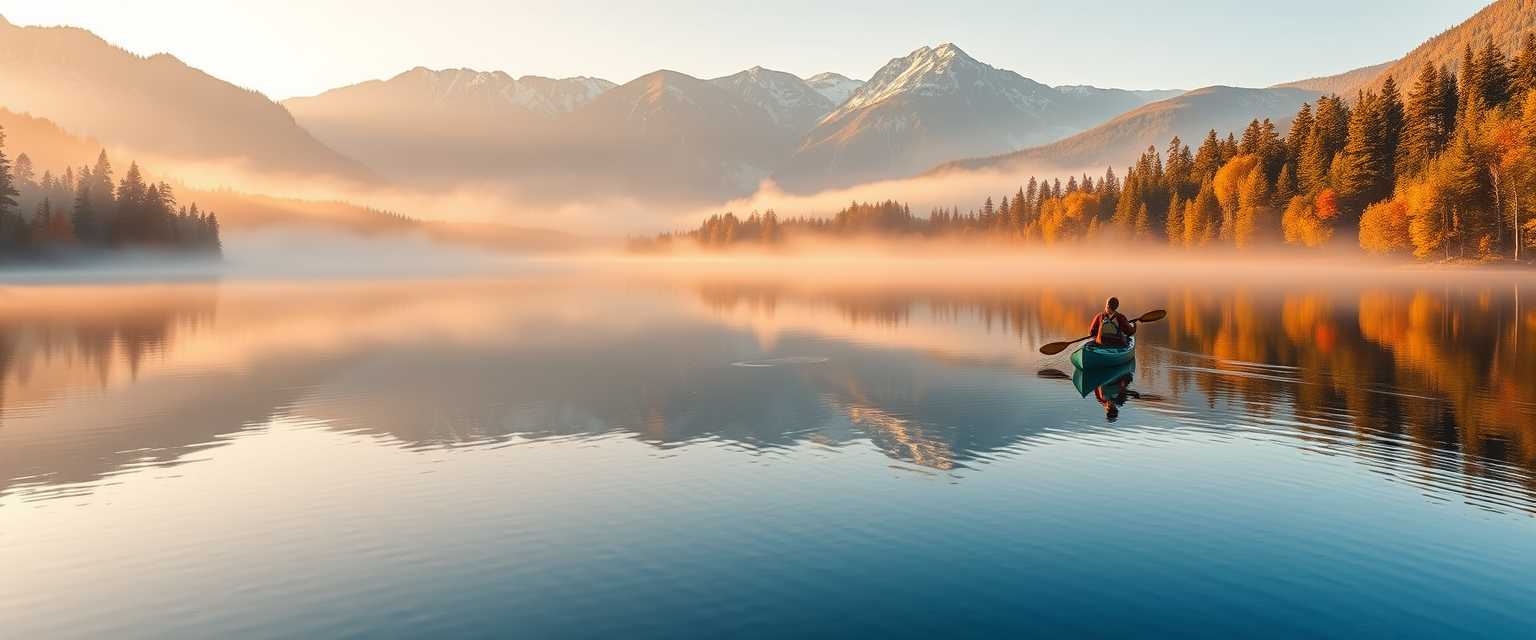 Peaceful, serene lake, mirror-like surface, misty morning, high quality, photorealistic, majestic mountains, pine trees, colorful autumn foliage, reflection, tranquil, secluded, remote, idyllic::0.7 kayaking, canoeing, rowboat, sunrise, sunset.