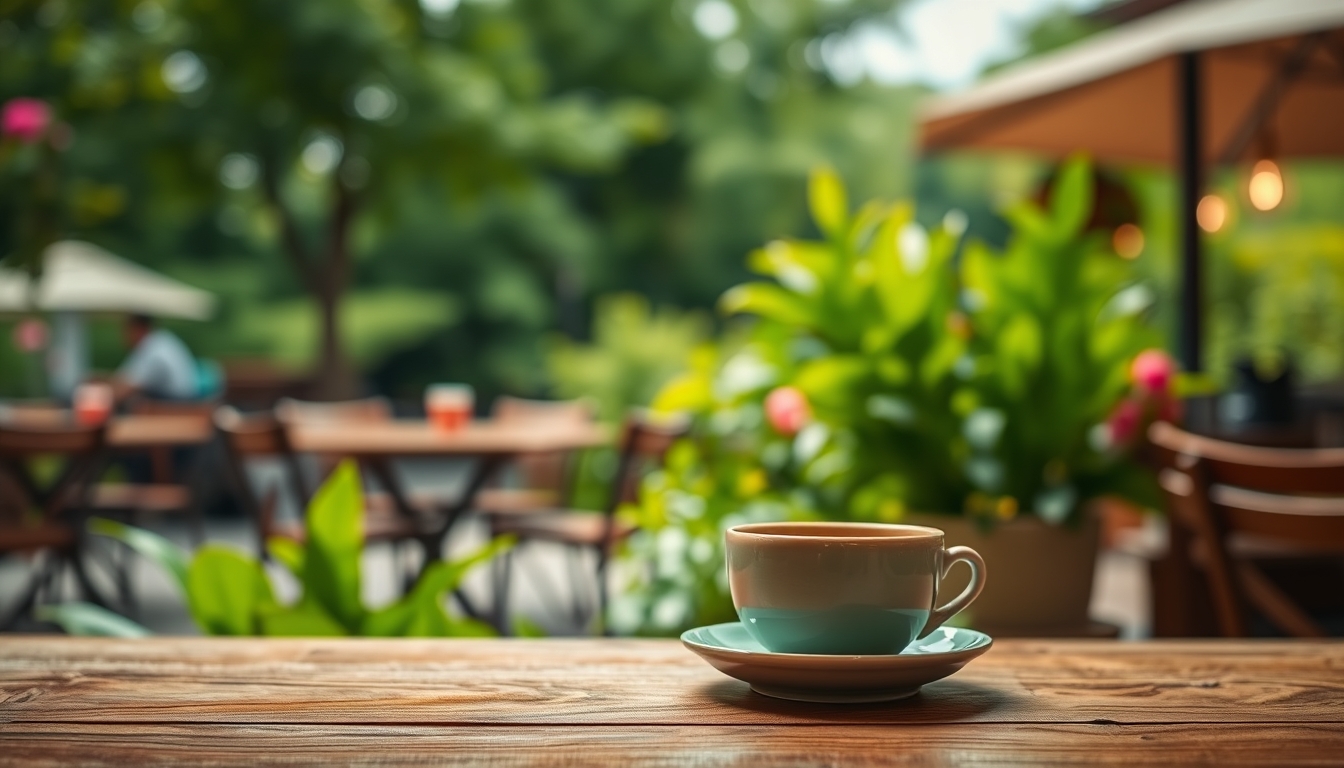 Blurry green summer cafe background atop wooden table - Image