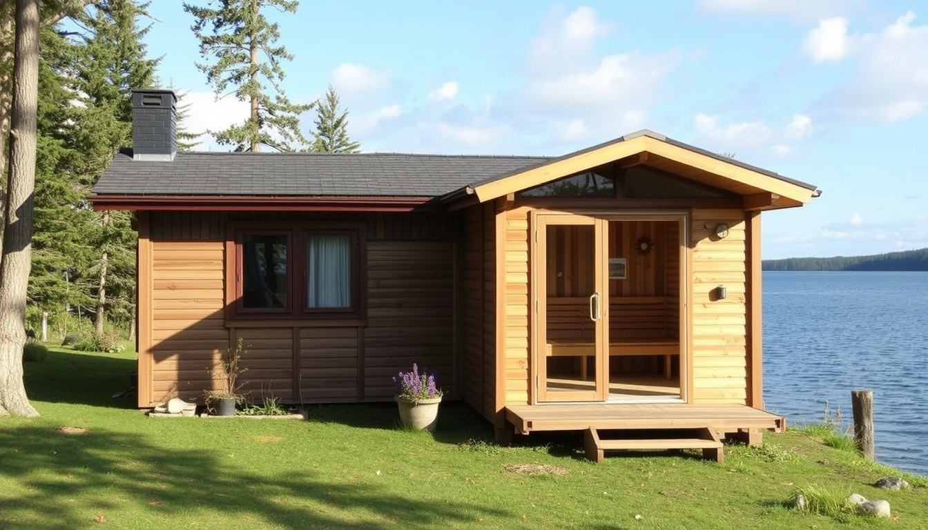 A peaceful lakeside retreat with a glass-fronted sauna overlooking the water.