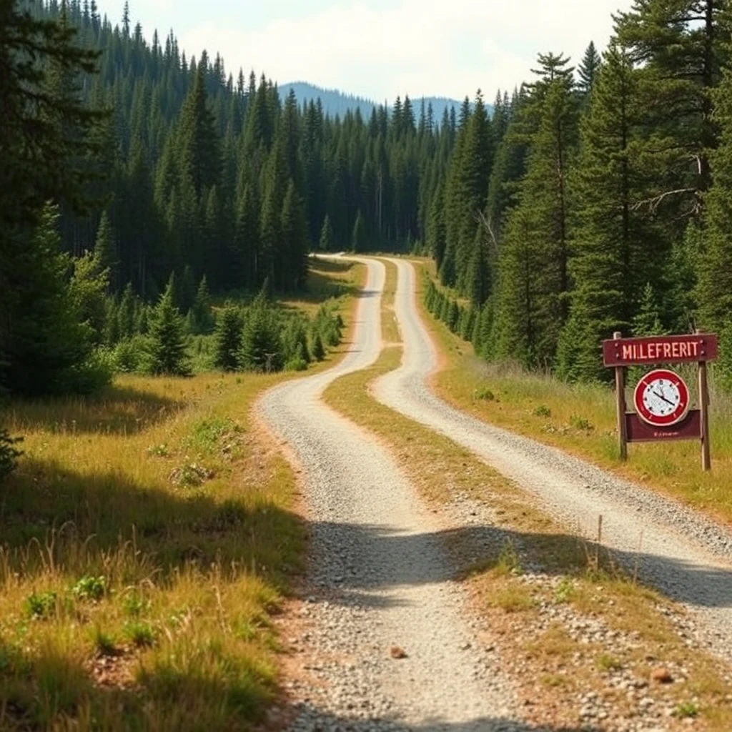 A road in the wilderness, a road that starts at the bottom of the screen and splits into two paths (crossroad) in the middle, at the crossroad there is a milestone. - Image