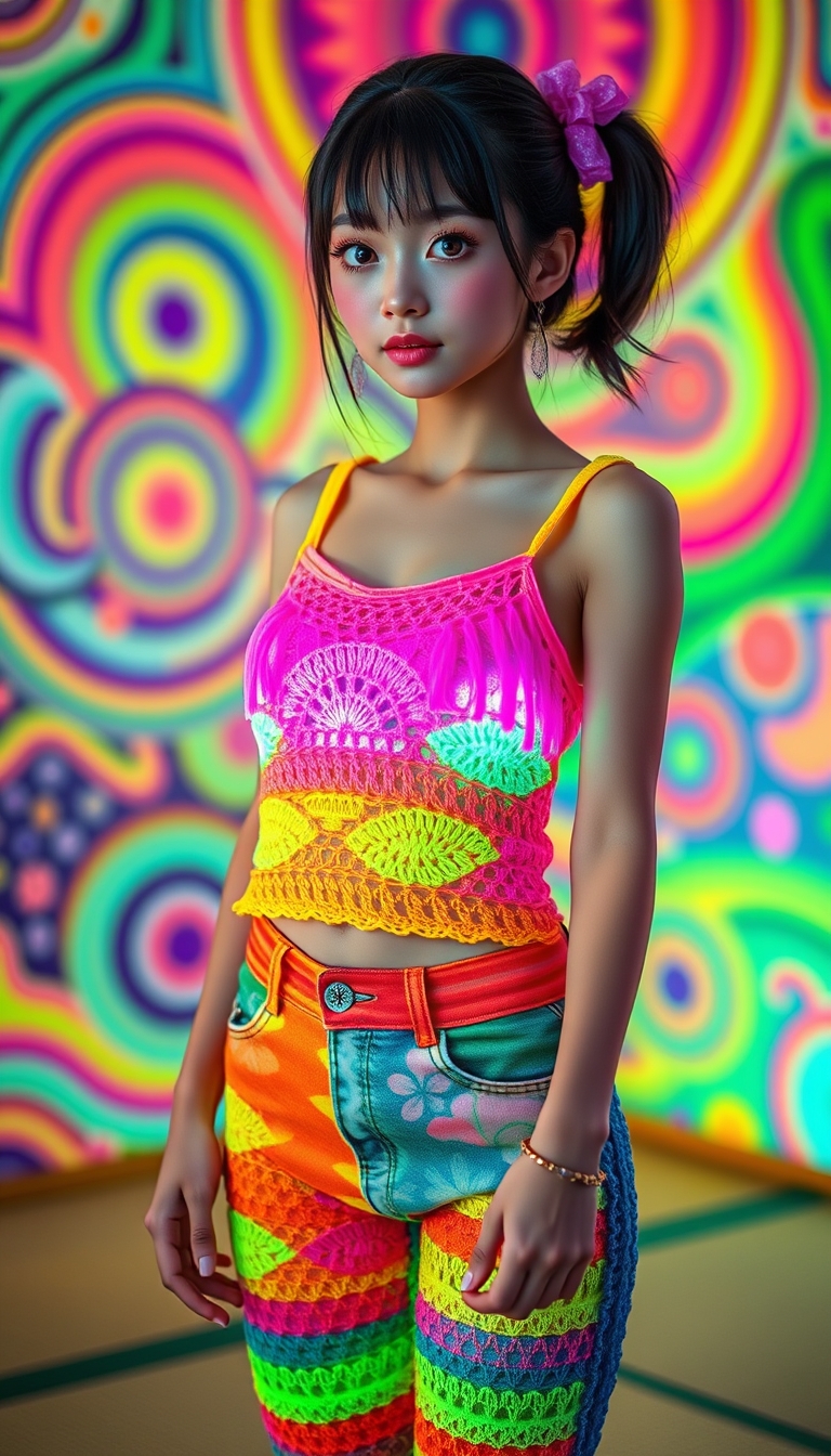 Photo of cute kawaii anime woman, psychedelic, colorful and fluorescent background, wearing colorful glowing fluorescent crochet tank top with colorful crochet jeans, in a tatami studio --ar 4:5 --style raw --v 6.1