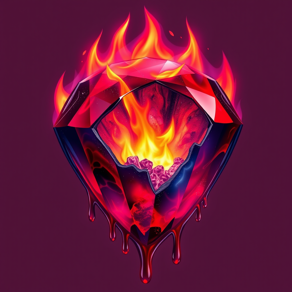 A tee shirt design of a beautiful ruby on fire with beautiful liquid red ruby dripping with flames. The ruby has black char all over it and subtle colorful embers burning in the ruby. Inside of the ruby should be reminiscent of beautiful galaxies perfectly blended with chaos. Striking and otherworldly on a transparent background, the flames should have an outline of a beautiful blue ethereal glow. - Image