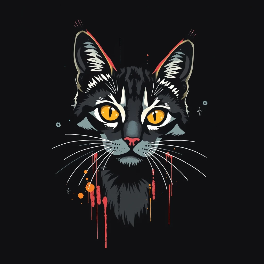 CAT graffiti, ART by sullen, solid color, TSHIRT DESIGN ART by sullen powell, black background.