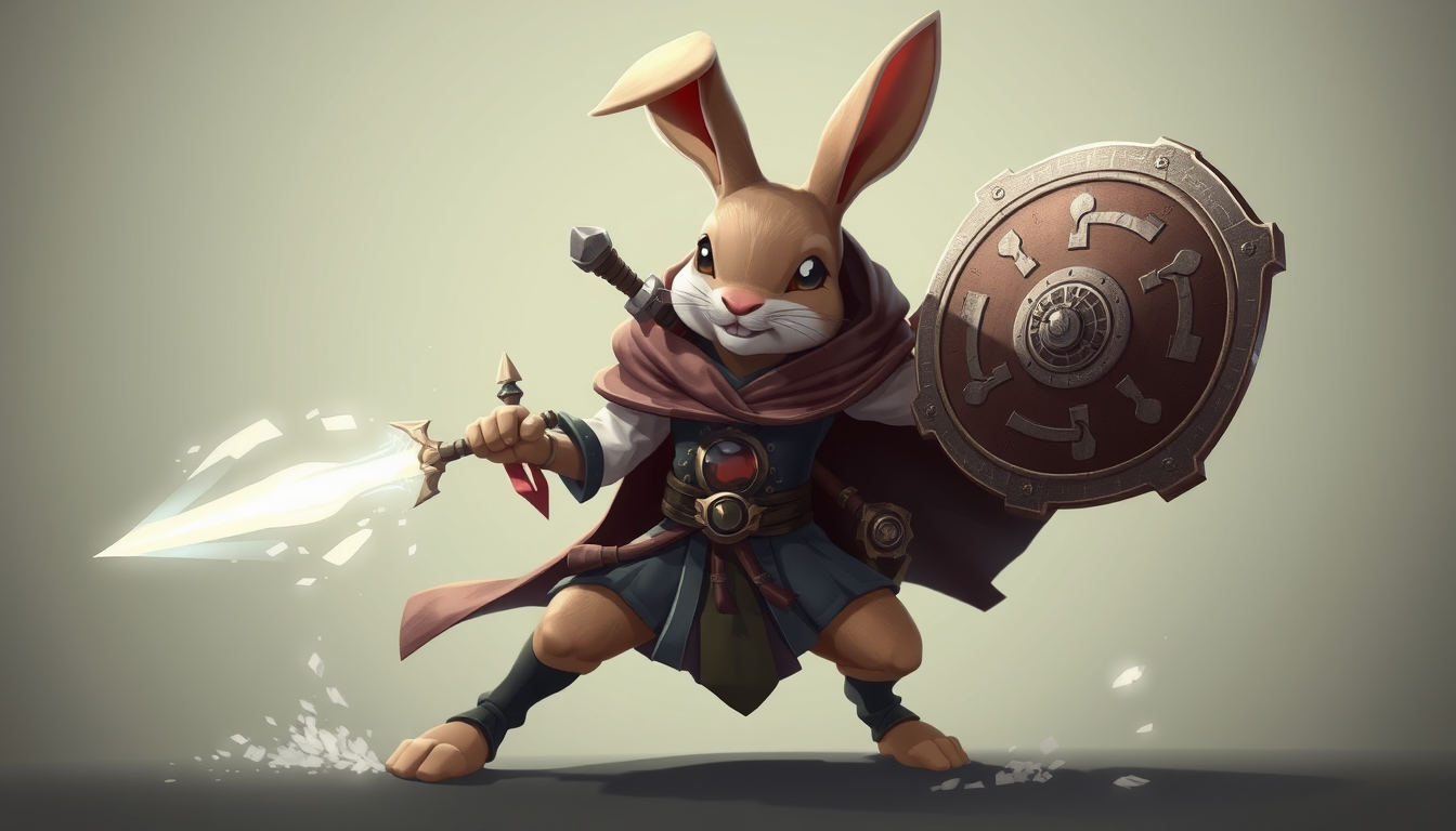 "I want to create an image in a wuxia and fantasy style: there is a rabbit, in a cartoon style, wearing a cloak, holding a weapon and a shield, with magical light effect particles on its body, in a defensive stance."