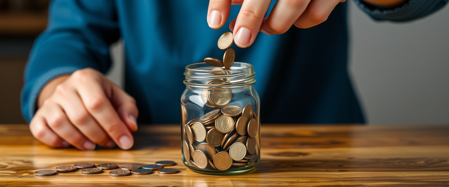 A person is pouring coins into a jar.