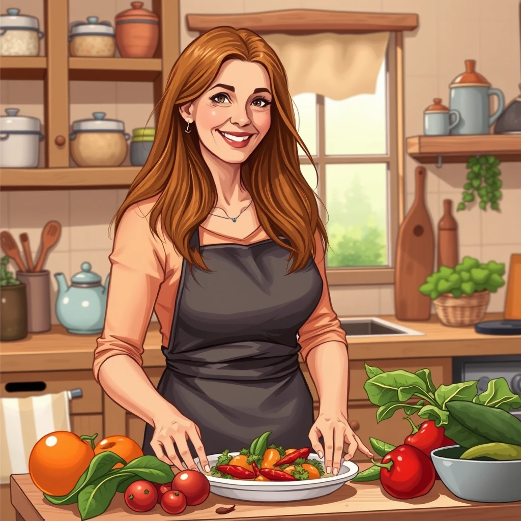 A woman in her 40s, long hair, kitchen apron, happy expression, preparing a healthy meal, tidy kitchen, table with fresh ingredients, realistic and warm-colored illustration style.