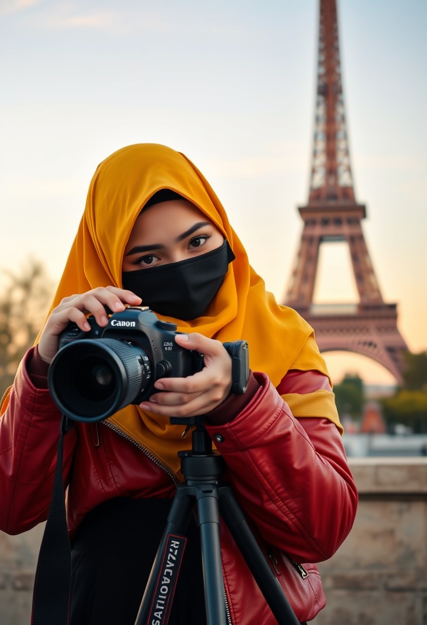 Biggest hijab yellow Muslim girl, beautiful eyes, face mask black, red leather jacket, black biggest skirt, camera DSLR CANON, tripod, taking photo Eiffel Tower, sunrise, morning scenery, Eiffel Tower, hyper realistic, street photography. - Image