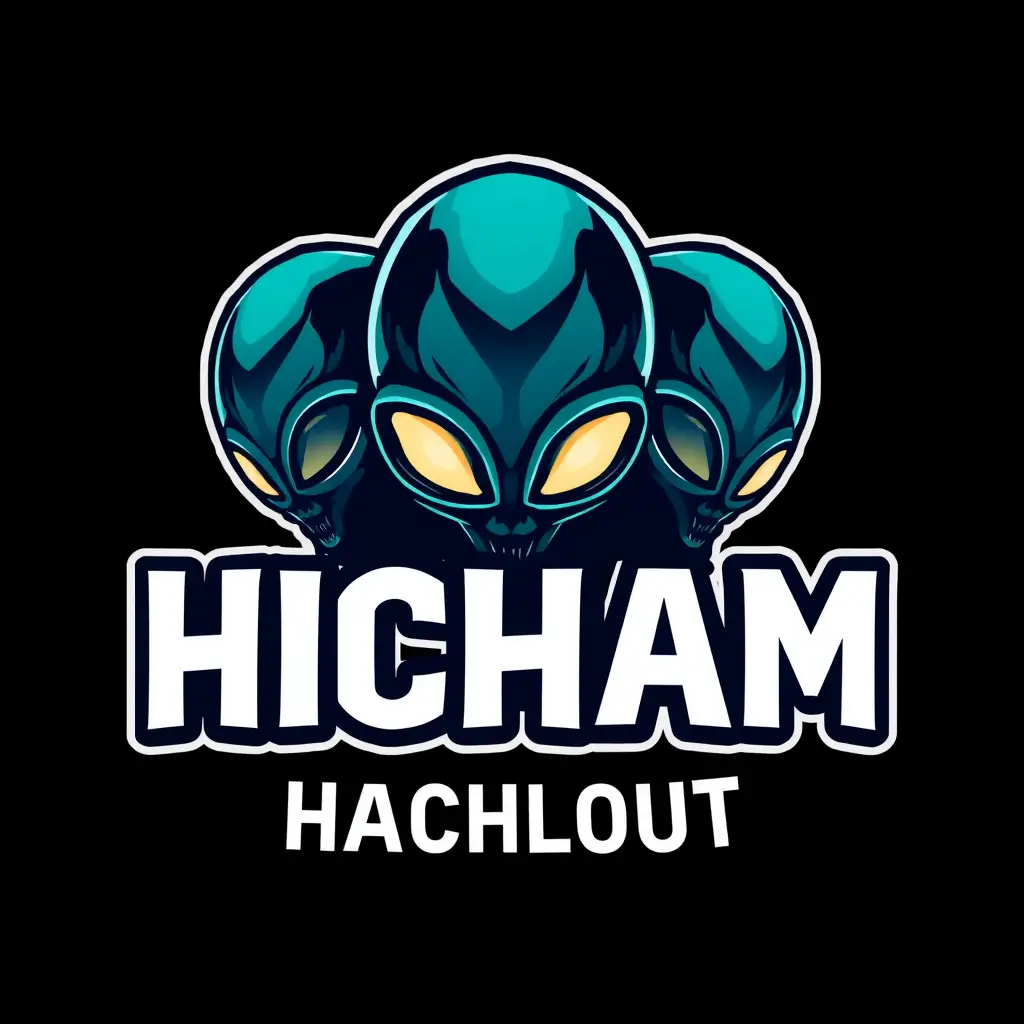 "HICHAM" "HACHLOUT" Text, logo design 2D, aliens galaxy Style