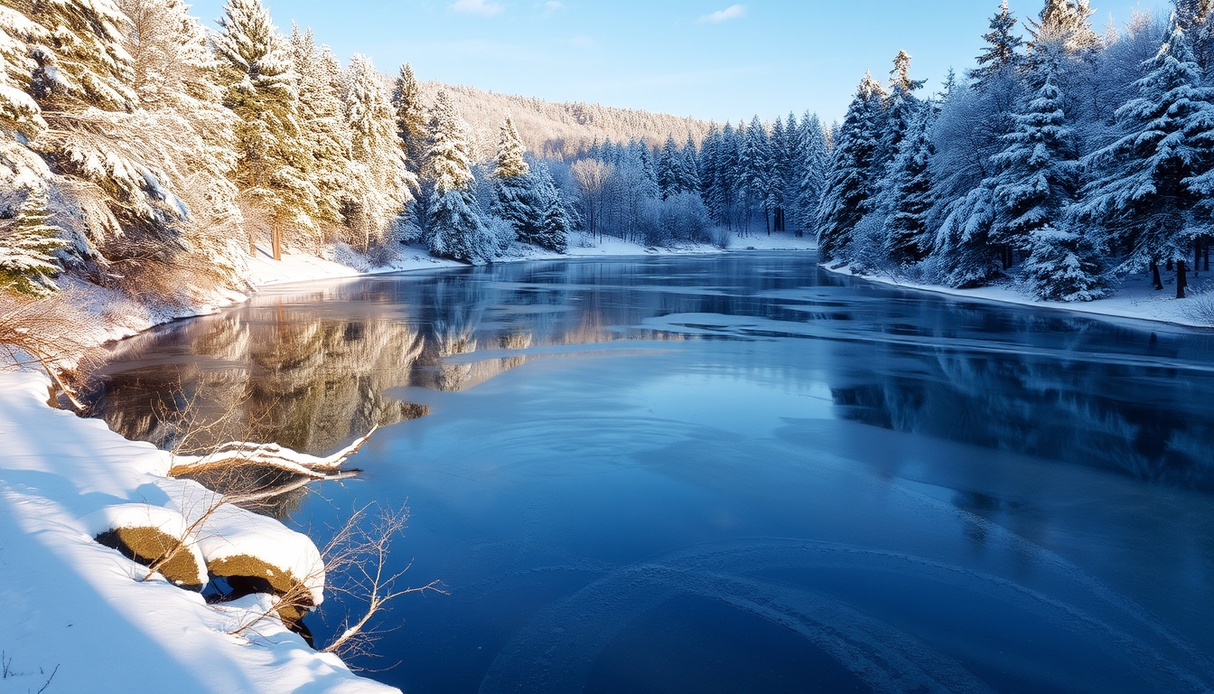 A picturesque winter scene with a glassy frozen lake surrounded by snow-covered trees.