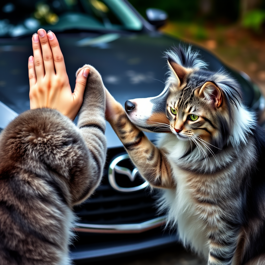 Photorealistic image of a blue merle Australian Shepherd giving a high five to a gray cat with green eyes and darker gray stripes. This should take place near a dark gray Mazda 9. Make this look like a photograph. - Image