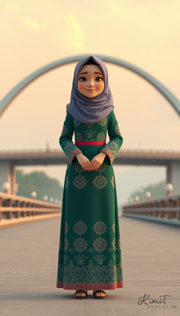 A 3D cartoon animation of a Muslim woman from Palembang, Indonesia, wearing a traditional long songket dress. She stands gracefully in front of the iconic Ampera Bridge, which arches beautifully in the background. The scene is rendered in stunning 8k resolution, capturing the vibrant colors and intricate details of the songket fabric. The woman's expression is serene and peaceful, with a gentle smile. The overall atmosphere is warm and welcoming, showcasing the cultural beauty and elegance of Palembang. - Image