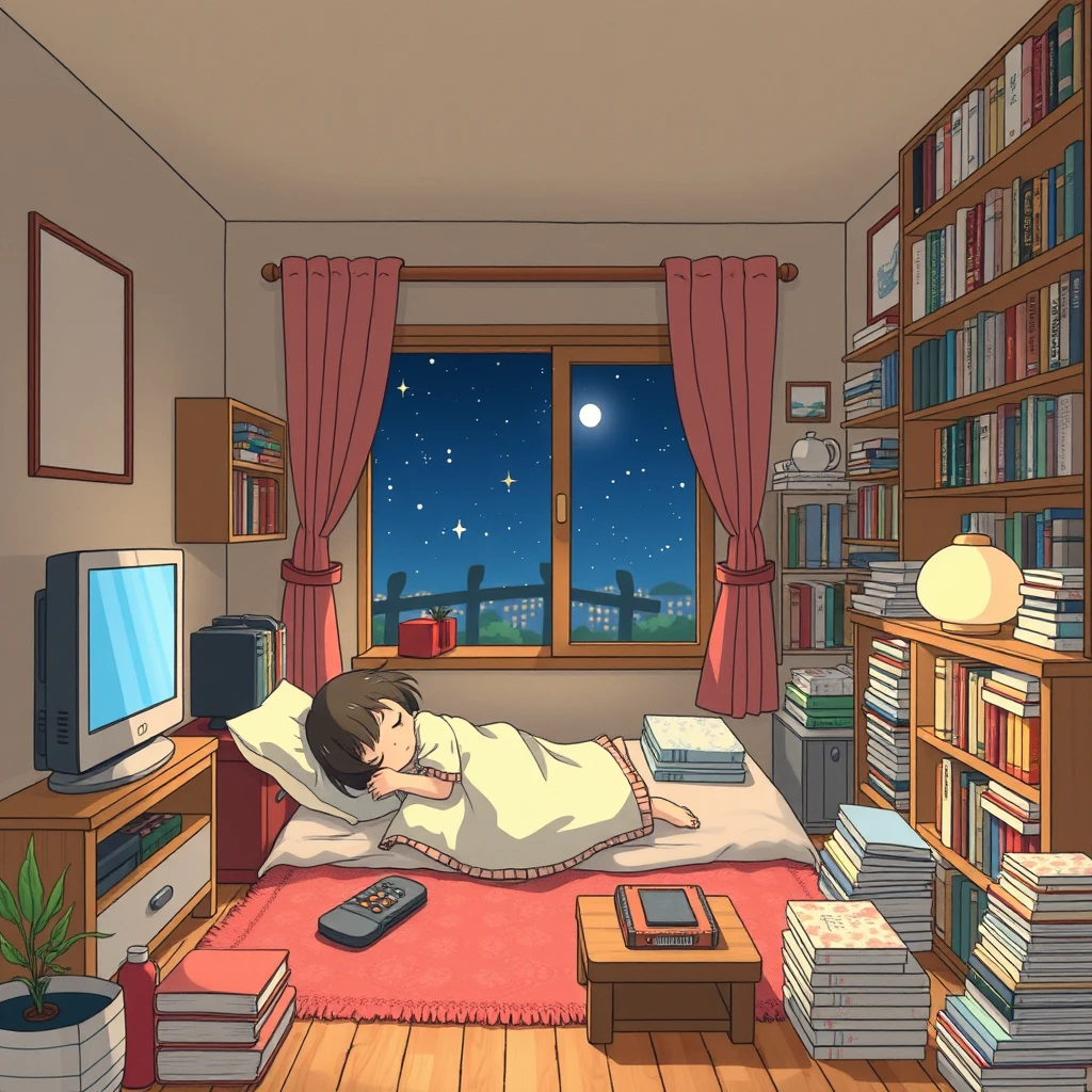 "A style like Hayao Miyazaki's, a little girl sleeping in a room with a window, a television, lots of furniture, and many books." - Image