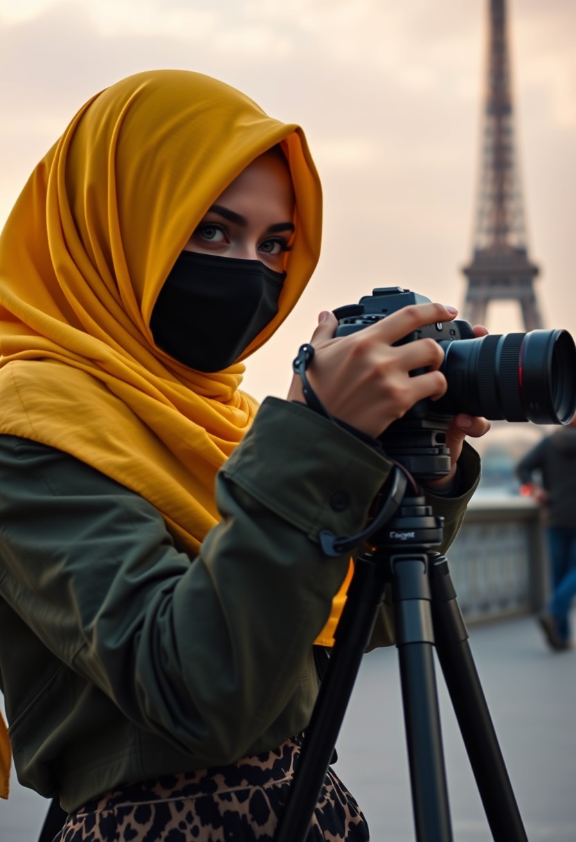 Biggest hijab yellow Muslim girl, beautiful eyes, face mask black, green army leather jacket pattern, biggest skirt, camera dslr canon, tripod, taking photos of Eiffel Tower, sunrise, morning scenery, hyper realistic, street photography. - Image