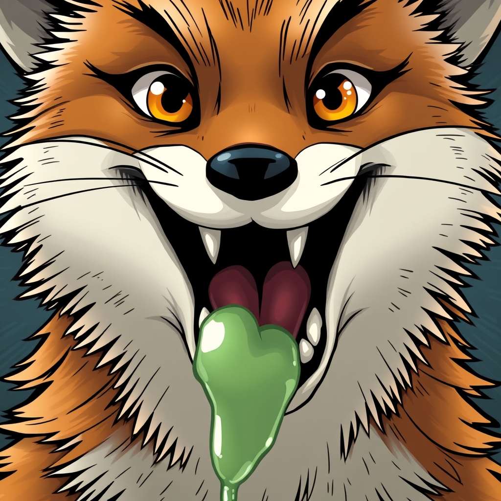 "Furry art style, animated comic style, depict the details of the fox's mouth, throat details, the throat should be bright, details of the teeth, details of saliva, the whole mouth is filled with it." - Image