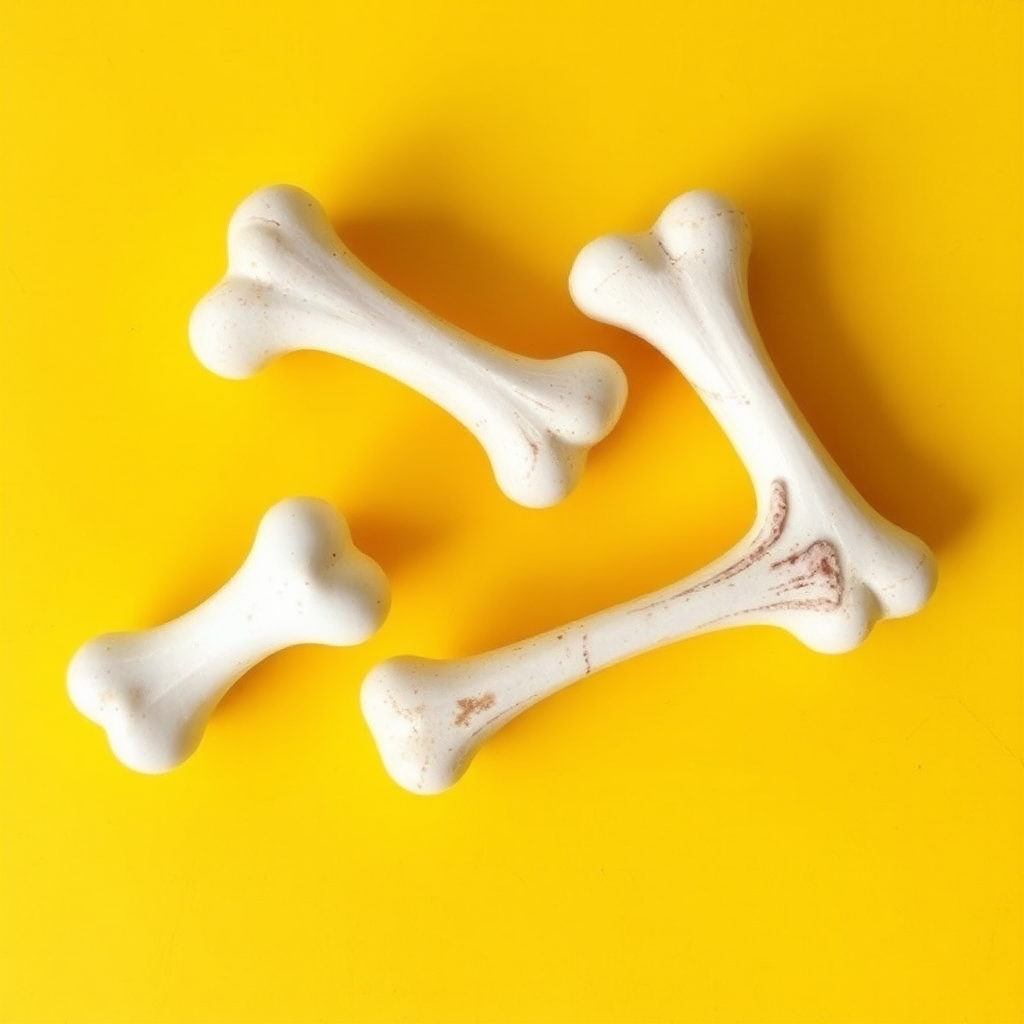 3 Bones in the shape of an "H", yellow background, realistic photograph