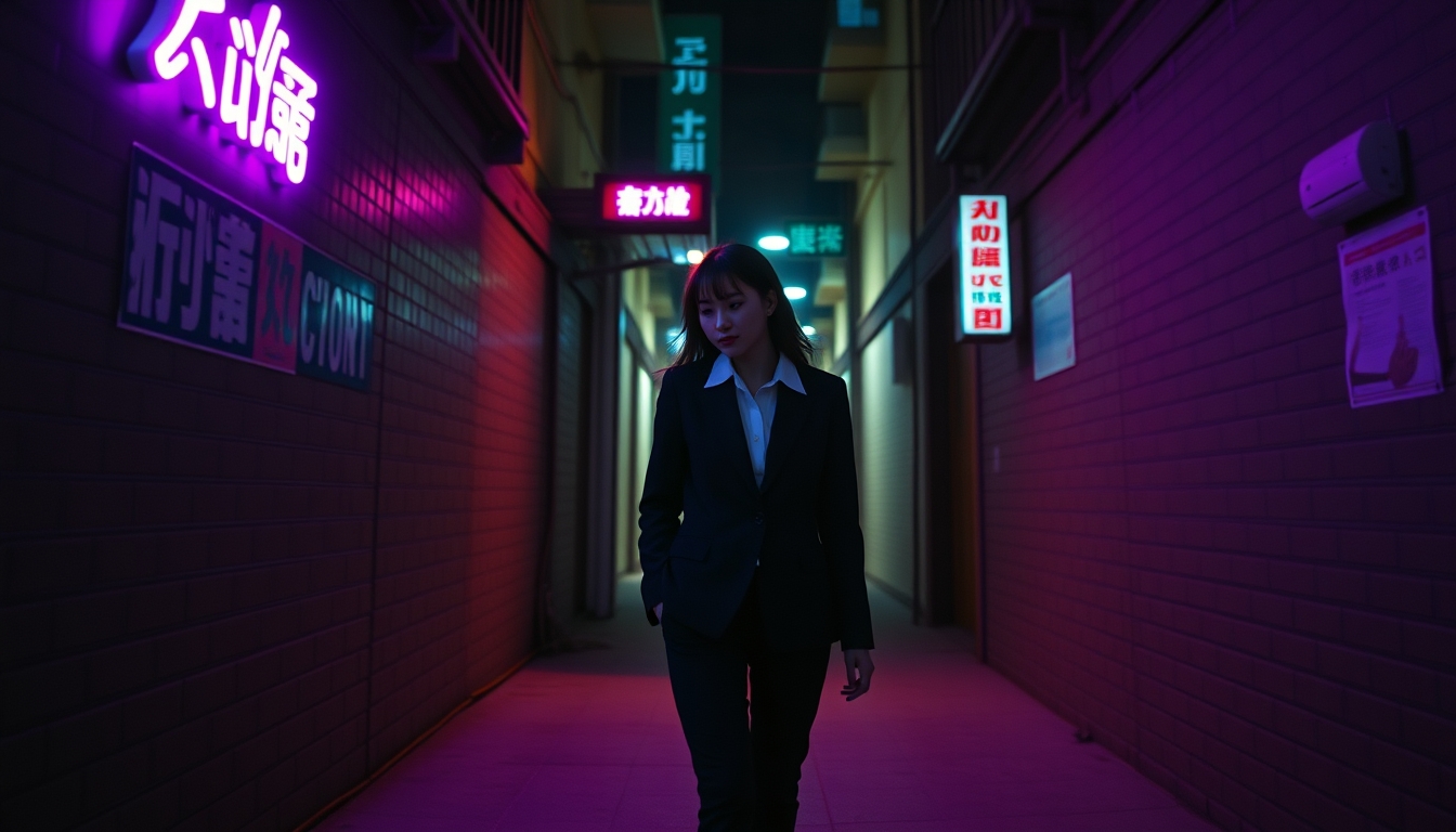 masterpiece, best quality, very aesthetic, absurd resolution  
wlop minimalism  
 cinematic lighting  
 1 girl, cute  
 walking in the alley, black suit, white collar shirt  
 perspective from above  
 cyberpunk, neon