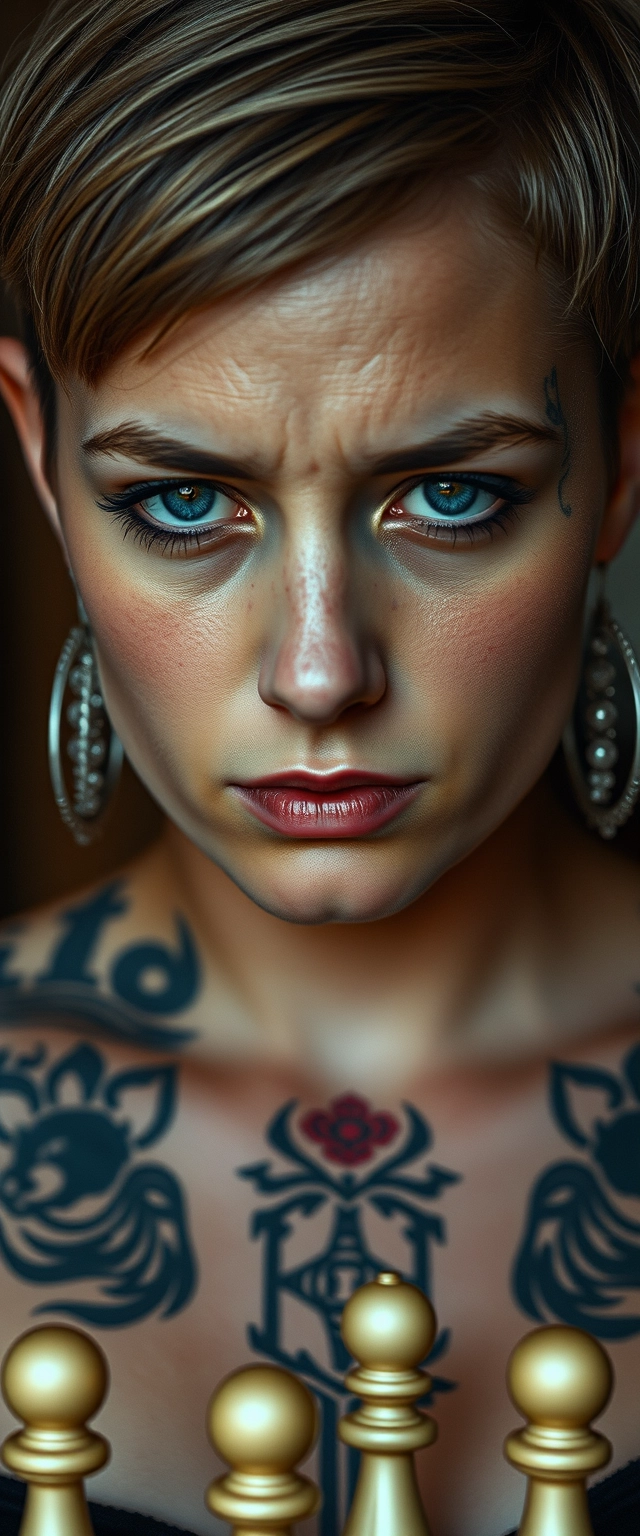 Close-up chess shot of a woman having face, chest, and neck tattoos and a sad face with short hair.