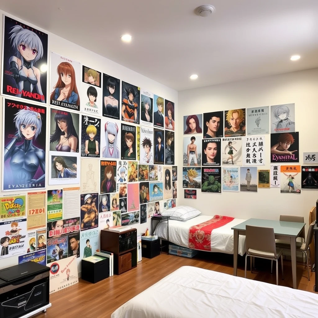 A very large room, with one wall covered in many posters, including posters of the famous anime character Rei Ayanami, posters of Neon Genesis Evangelion, posters of Dragon Ball, posters of Asuka, and posters of Castle in the Sky, with Chinese characters. The room also has a bed and a table with chairs. - Image