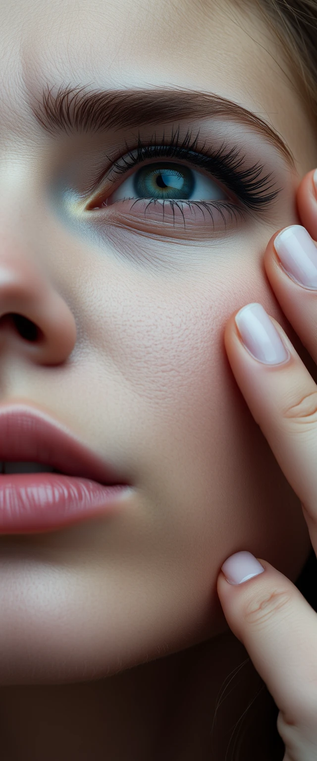 Close-up shot of beautiful women with beautiful facial features. A very sad, depressed face with washed-up tears spreading eyeliner, looking above while holding back tears. - Image