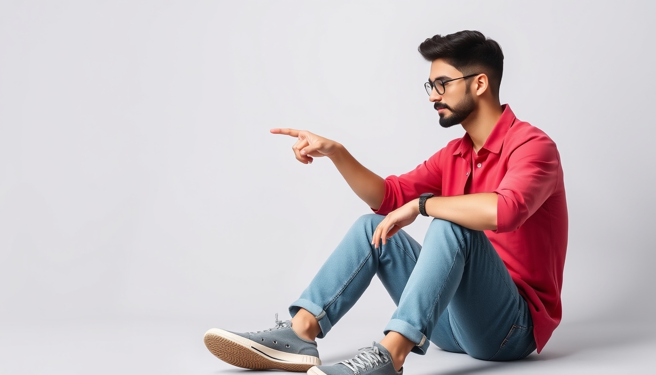 A full-body shot of a young IT man wearing a red shirt and casual clothes, sitting down and using a laptop PC, pointing his finger to the side in an area isolated against a plain grey color background in a studio setting. This represents a lifestyle concept. - Image