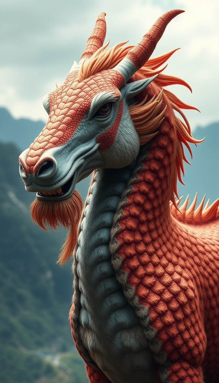 (ultra realistic) an oriental dragon combined with a hairy horse body, in a mountain background in China. - Image