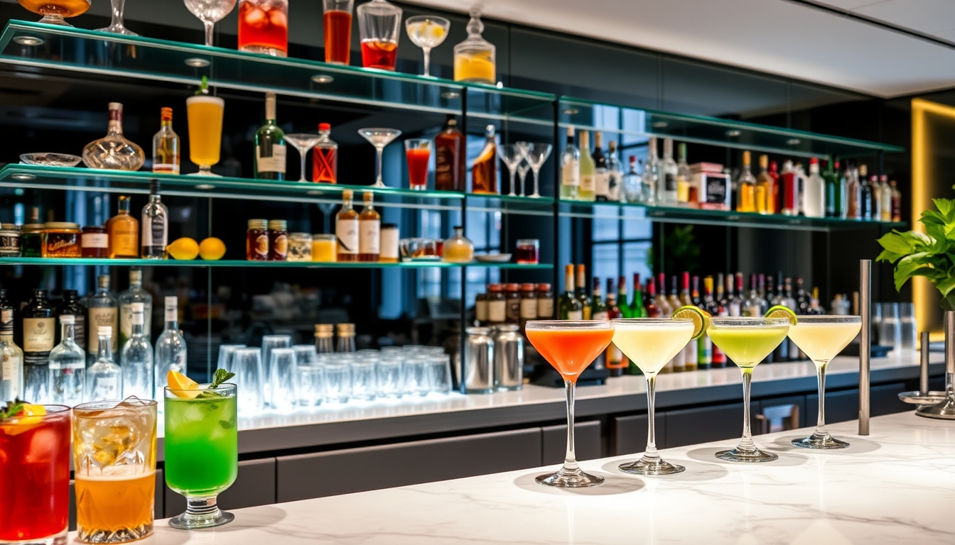 A sophisticated cocktail bar with glass shelves showcasing an array of colorful drinks. - Image