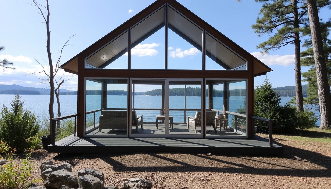 A serene lakeside cabin with a glass front, offering an unobstructed view of the water.