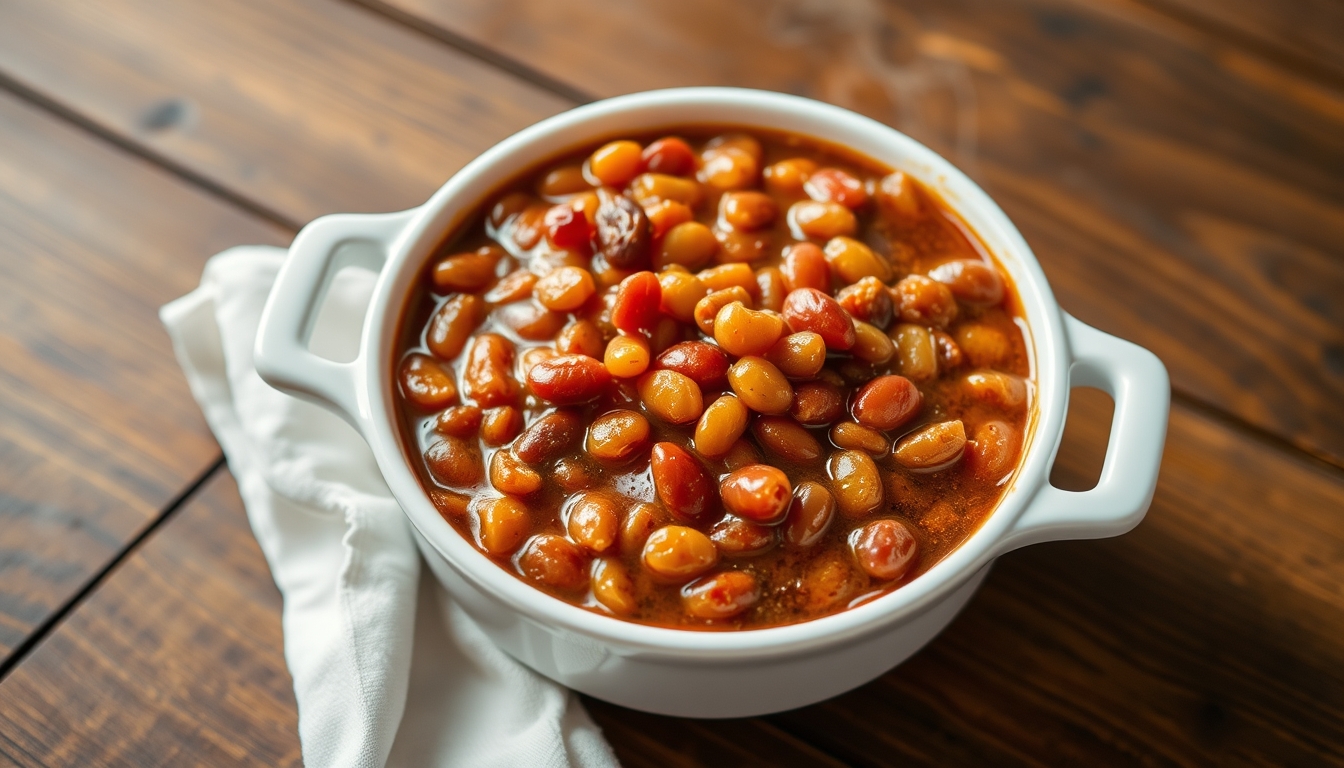 Steaming Hot Baked Beans in a White Dish on a Wooden Table