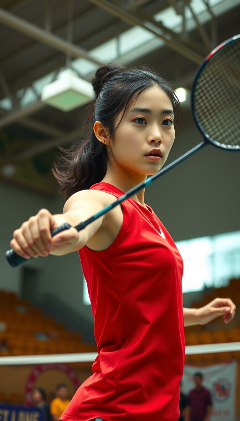 A detailed, realistic portrait of a young woman playing badminton in an indoor sports arena. The woman is wearing a bright red jersey and is mid-swing, her body in a dynamic, athletic pose as she focuses intently on the shuttlecock. The background is blurred, with glimpses of the court, net, and spectator stands visible. The lighting is natural and directional, creating shadows and highlights that accentuate the woman's features and muscular definition. The overall composition conveys a sense of energy, movement, and the intensity of the game. The image is highly detailed, with a photorealistic quality that captures the textures of the woman's clothing, skin, and the badminton equipment. A woman with a beautiful face like a Japanese idol.