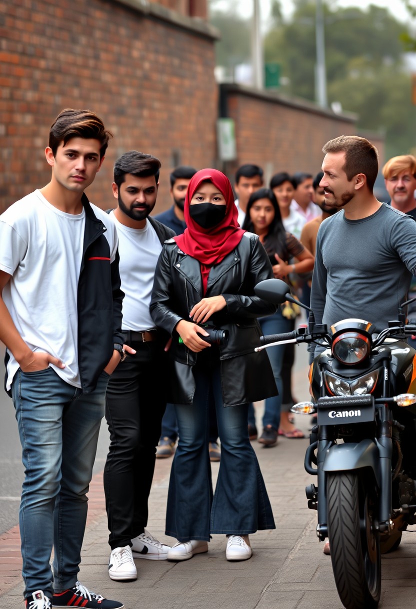 Jamie Dornan and Freddie Prinze, head and body shot, handsome, young, serious face, dark brown hair, white T-shirt, collage jacket, skinny jeans, sneakers, standing, discussing with two guys and a short red hijab Muslim girl, beautiful eyes, black face mask, black leather jacket, grey long T-shirt, bell-bottom jeans, holding a DSLR Canon camera, near town road, superbike, hyper-realistic, street photography, brick wall, full body photo, five other random smiling friends in the background. - Image