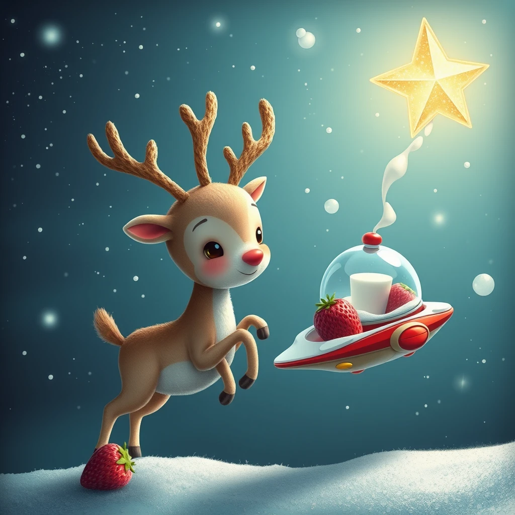 "A cute baby reindeer and a spaceship that must drink a million strawberry milks to go to Santa's star."