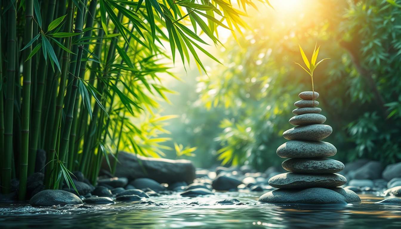 This image depicts a peaceful natural scene with lush green bamboo, stacked pebbles, and a gently flowing stream. Sunlight filters through the leaves, creating a relaxing and tranquil atmosphere, much like a meditation painting. - Image