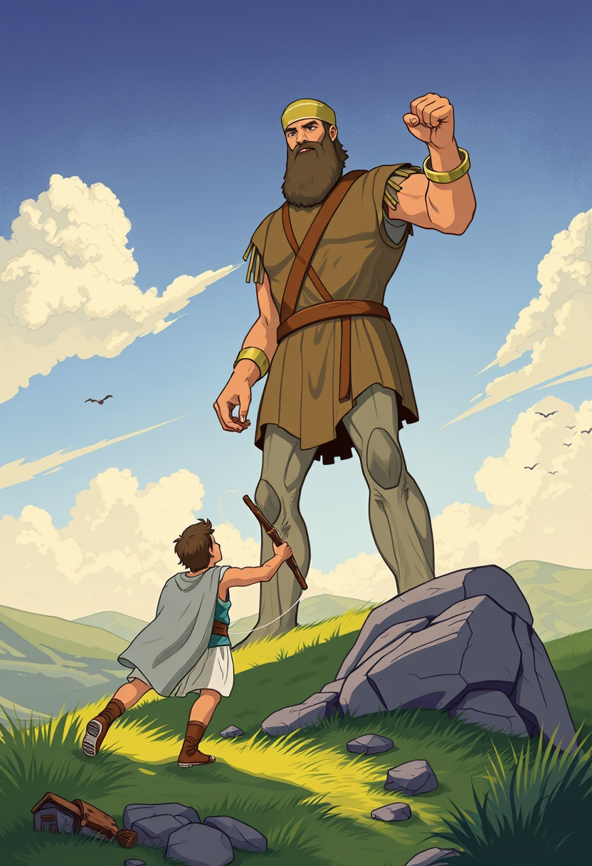 Illustrate the moment David faces Goliath, with David holding a slingshot and Goliath towering over him, set in a dramatic landscape. - Image