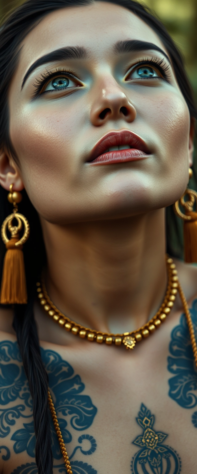 Close-up view of the tattooed chest of a white-skinned Korean Indian woman with beautiful facial features and blue eyes, wearing gold ornaments and looking upwards.